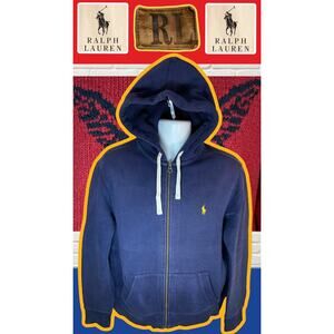 VTG Polo Ralph Lauren Hoodie Sweater Thick Cotton Full Zip Fleece Blue Large